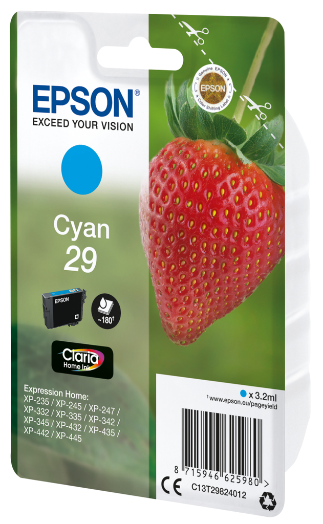Epson 29 / C13T29824012 cyan ink cartridge, 180 pages