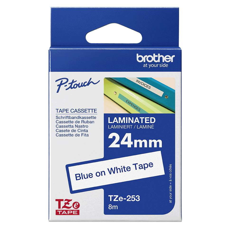 Brother TZe-253 / TZE253 laminated tape, blue on white, 24 mm x 8 m
