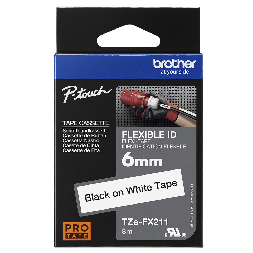Ruban flexible Brother TZe-FX211 / TZEFX211, noir sur blanc, 6 mm x 8 m