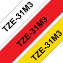 Ruban laminé Brother TZe-31M3 / TZE31M3, noir sur rouge, blanc et jaune, 12 mm x 8 m (3 cassettes)