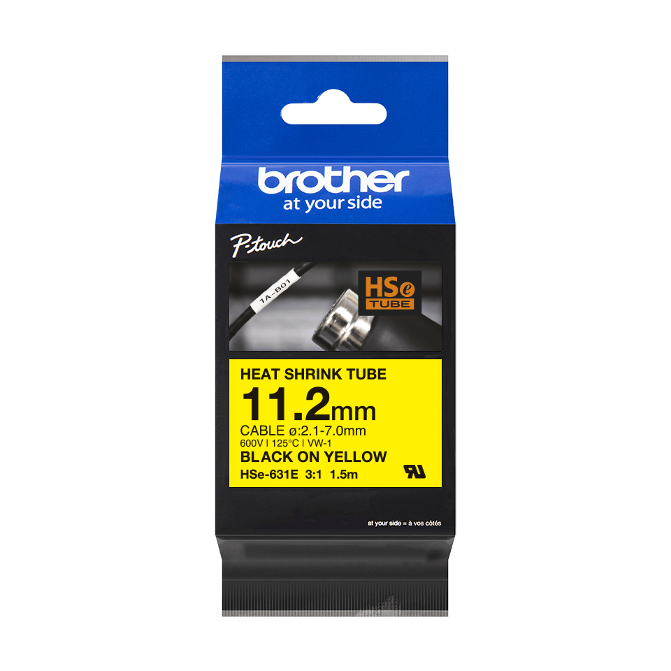 Brother HSe-631E / HSE631E heat shrink tube, black on yellow, 11.2 mm x 1.5 m