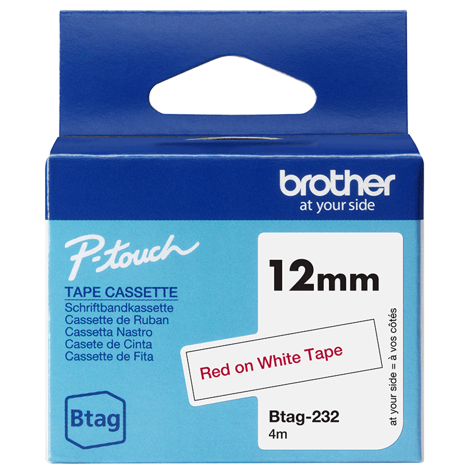 Brother BTAG-232 / BTAG232 non-laminated tape, red on white, 12 mm