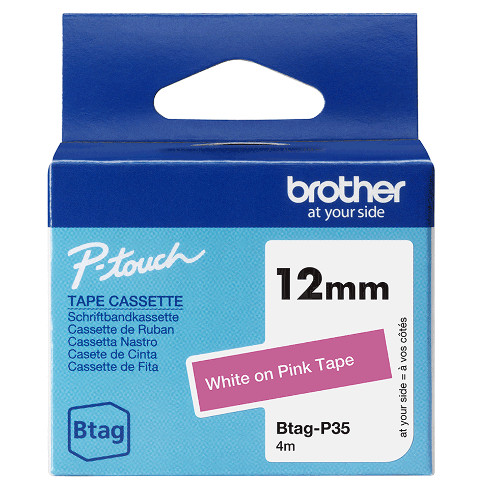 Ruban non laminé Brother BTAG-P35 / BTAGP35, blanc sur rose, 12 mm